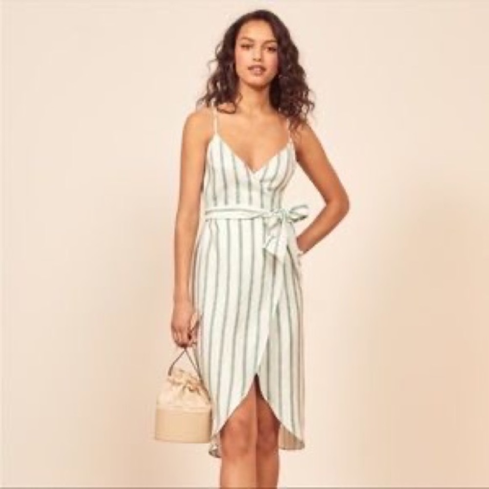 Reformation Court Dress - linen wrap dress in white and green stripe